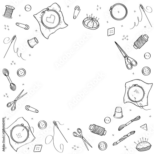 Set of elements for cross-stitch. Doodle icons of sewing tools for needlework. Design background.