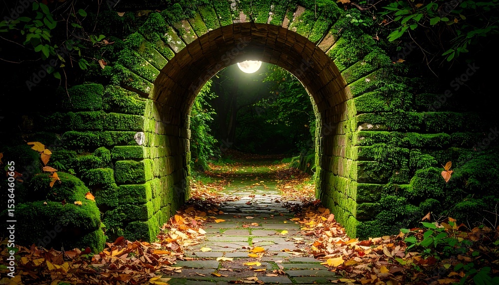 Fototapeta premium A tranquil mossy brick archway illuminated by soft light, framing a path through a serene forest.