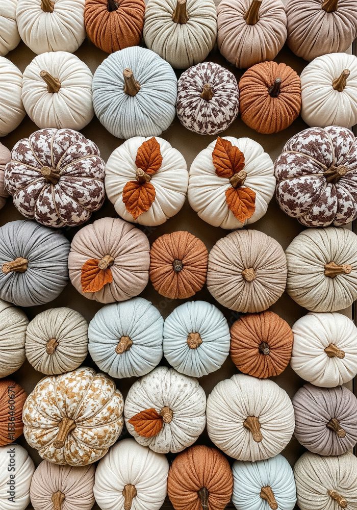 Colorful handmade fabric pumpkins arranged in pattern Colorful handmade fabric pumpkins arranged in pattern