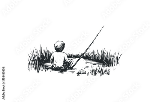 Young caucasian boy fishing alone by a calm pond in nature. Vector retro hand drawn illustration