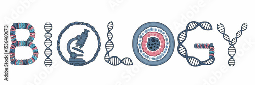 Biology word with microscope, DNA, and cells – Ideal for science education materials, STEM visuals, or academic branding.