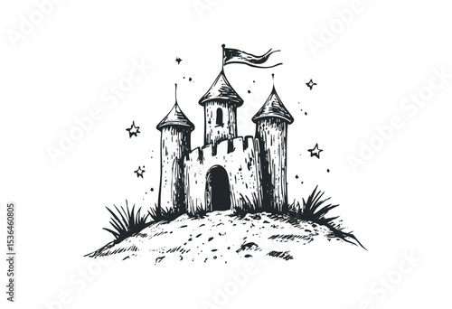 Hand-drawn medieval castle with towers and flag. Vector retro hand drawn illustration