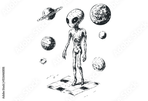 Sketch of extraterrestrial with planets. Vector retro hand drawn illustration
