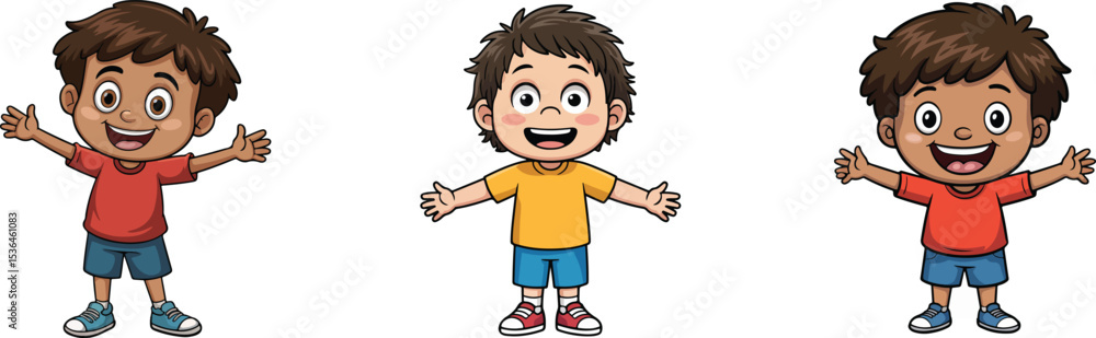 Three cartoon boys standing with arms outstretched and smiling happily on a white background space Three cartoon boys standing with arms outstretched and smiling happily on a white background space