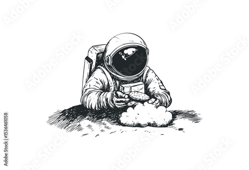 Astronaut exploring moon surface in space suit with helmet. Vector retro hand drawn illustration