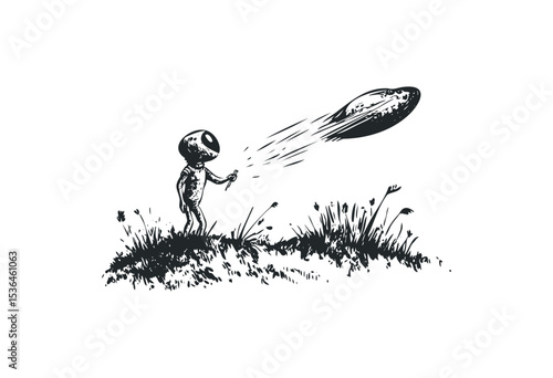 Alien figure witnessing ufo departure on grassy hill. Vector retro hand drawn illustration