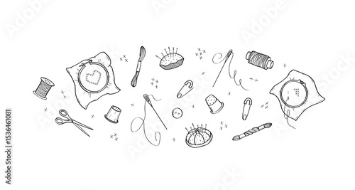 Set of elements for cross-stitch. Doodle icons of sewing tools for needlework. Design background.