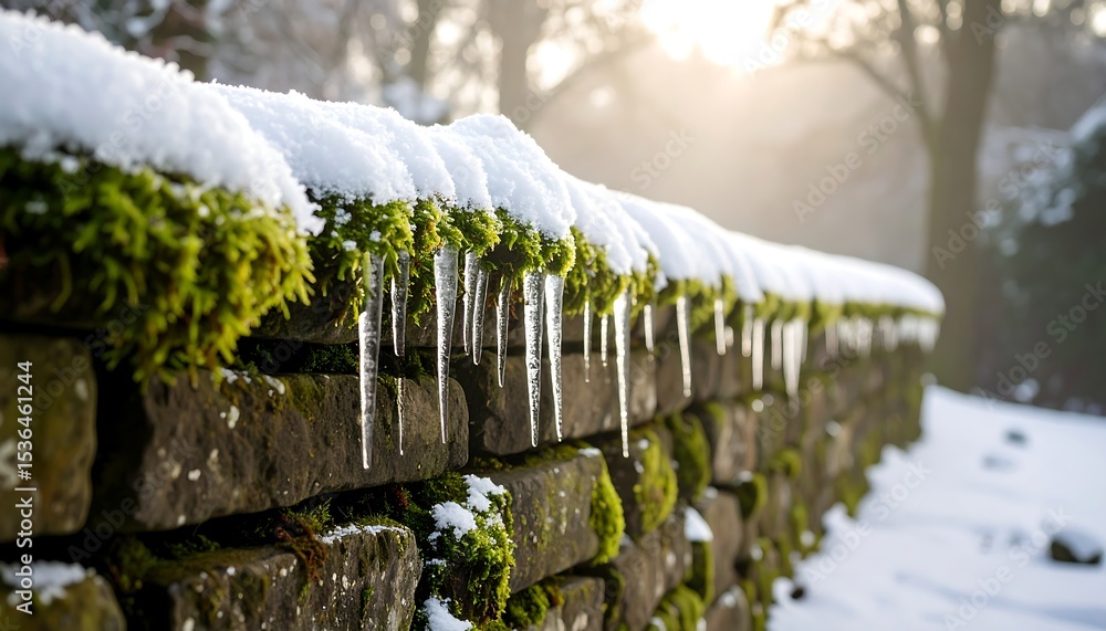 Fototapeta premium Icy tendrils hang from mossy stone wall under fresh snowfall creating a winter wonderland scenery