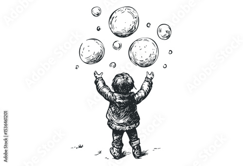 Child playing with bubbles in sketch style. Vector retro hand drawn illustration