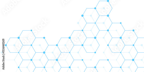 Science network pattern blue Hexagonal abstract background. Big Data Visualization structure elements . Health care and science medical pattern innovation. Template design with concept Dots and lines.