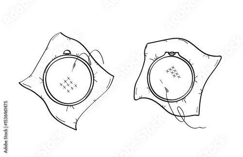Cross-stitch embroidery hoop and canvas. Vector doodle illustration. Print for design. Isolate on a white background.