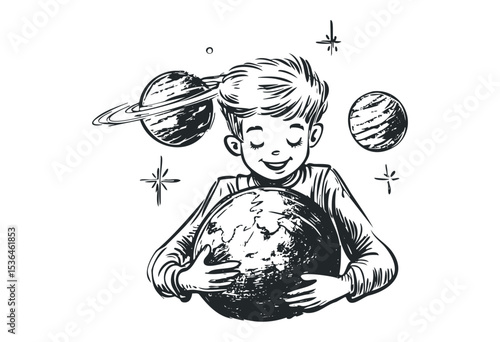 Young caucasian boy dreaming of space with planets in background. Vector retro hand drawn illustration