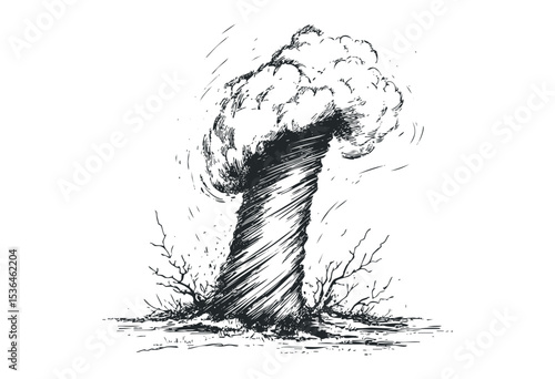 Dynamic tornado illustration with debris and vegetation elements. Vector retro hand drawn illustration