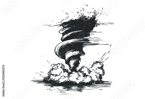 Dynamic tornado sketch illustrating powerful natural phenomenon in motion. Vector retro hand drawn illustration