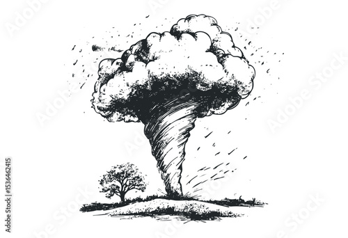 Hand-drawn tornado with tree in turbulent landscape scene. Vector retro hand drawn illustration