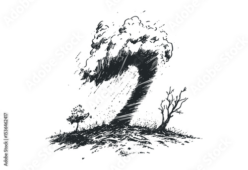 Surreal natural phenomenon with tree-shaped wave of wind and leaves. Vector retro hand drawn illustration