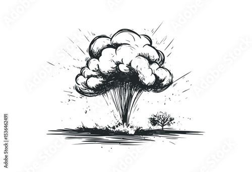 Monochrome explosion artwork depicting blast and debris with tree. Vector retro hand drawn illustration