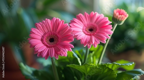 Beautiful Pink Gerbera Daisies Blooming in a Pot Vibrant Flowers in a Garden Setting