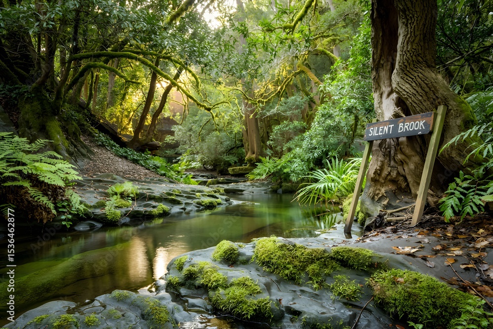 Serene silent brook in a lush green forest Serene silent brook in a lush green forest