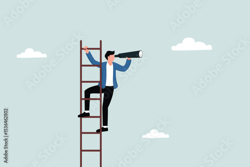 Businessman looking through a telescope far away on the stairs. Business concept.