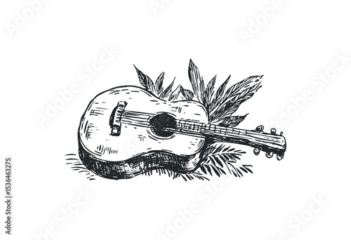 Vintage acoustic guitar sketch with detailed leaf ornaments. Vector retro hand drawn illustration