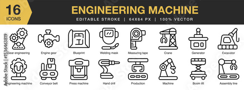 Engineering Machine icon set. Editable Stroke Icon Collection. Includes technology, machine, engineering, engineer, equipment, and More. Outline icons vector collection.