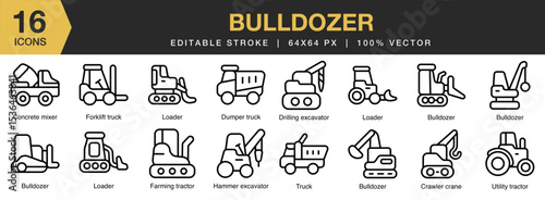 Bulldozer icon set. Editable Stroke Icon Collection. Includes construction, bulldozer, machinery, industry, machine, and More. Outline icons vector collection.