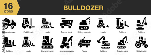 Bulldozer solid icon set. Includes excavator, equipment, vehicle, loader, heavy, industrial, digger, and More. Solid icons vector collection.