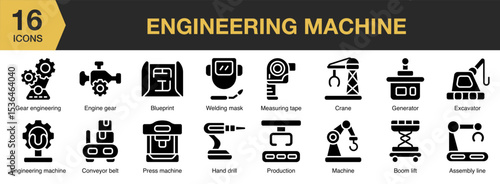 Engineering Machine solid icon set. Includes industry, manufacturing, factory, machinery, mechanical, computer, production, and More. Solid icons vector collection.
