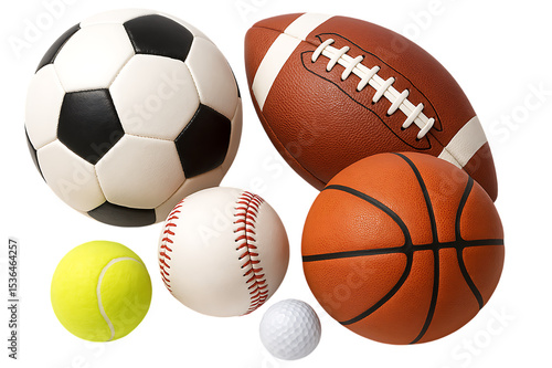 Sports Ball Collage Soccer Football Baseball Basketball Tennis isolated on transparent background