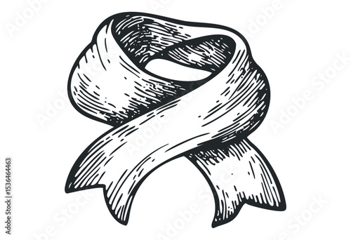 Engraved ribbon symbol for awareness campaigns and causes. Vector retro hand drawn illustration