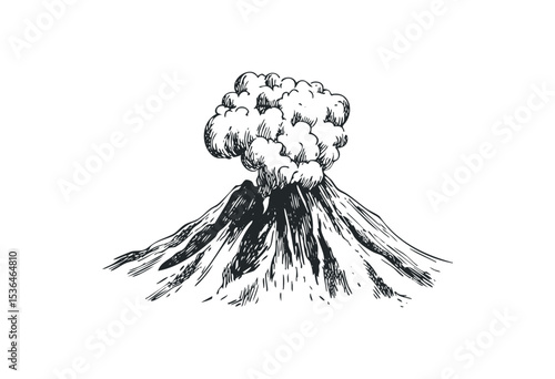 Detailed volcano eruption sketch with smoke plume illustration. Vector retro hand drawn illustration