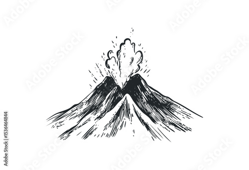 Hand-drawn volcano eruption sketch with smoke and ash plume in monochrome. Vector retro hand drawn illustration