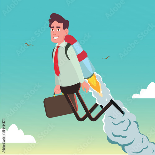 Dynamic Businessman Soaring with Rocket Pack Concept of Successful Business