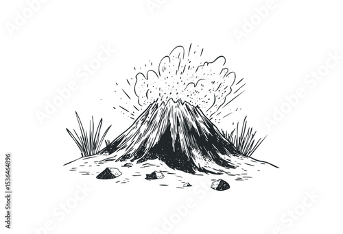 Illustration of volcanic eruption with ash and lava flowing. Vector retro hand drawn illustration