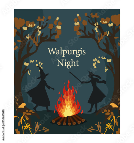 Fiery Walpurgis Night Bonfire in Autumn Woods Illustration-07
