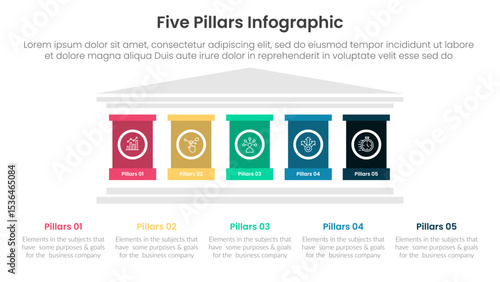 Five pillars framework with ancient classic construction infographic with 5 point stage template with strong pillar building on center for slide presentation