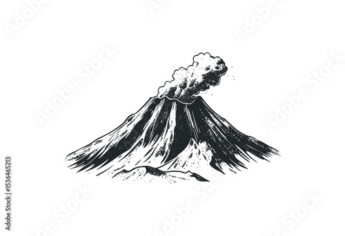 Elegant etching of an erupting volcano with smoke. Vector retro hand drawn illustration