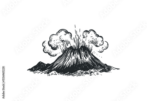 Vintage sketch of an erupting volcano with smoke and ash clouds. Vector retro hand drawn illustration