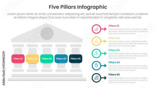 Five pillars framework with ancient classic construction infographic with 5 point stage template with left column and outline circle arrow for slide presentation