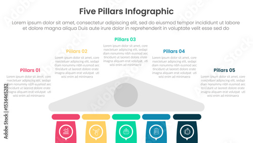 Five pillars framework with ancient classic construction infographic with 5 point stage template with half bottom building on center for slide presentation
