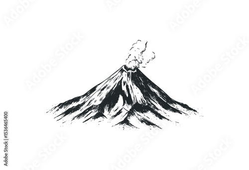 Detailed sketch of an erupting volcano with smoke. Vector retro hand drawn illustration