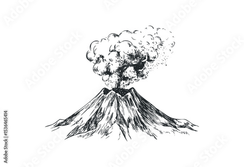 Erupting volcano sketch with smoke plume and lava flow. Vector retro hand drawn illustration