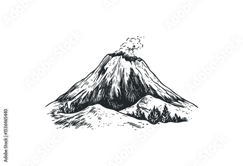 Hand-drawn volcanic eruption illustration with ash plume. Vector retro hand drawn illustration