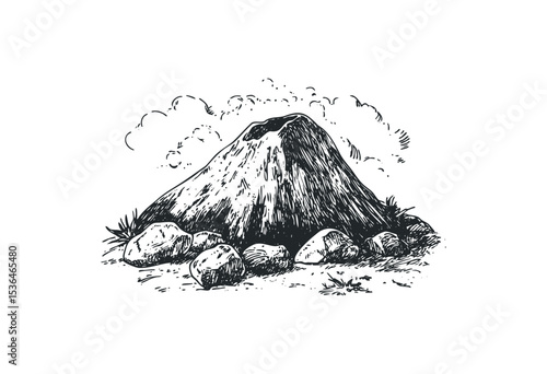 Monochrome illustration of a volcanic mountain with surrounding rocks. Vector retro hand drawn illustration