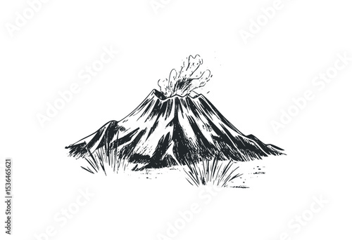 Sketch of an erupting volcano with smoke and ash. Vector retro hand drawn illustration