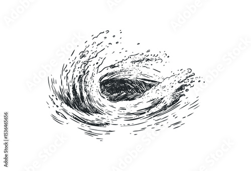 Hand-drawn ocean wave splash in dynamic ink style. Vector retro hand drawn illustration