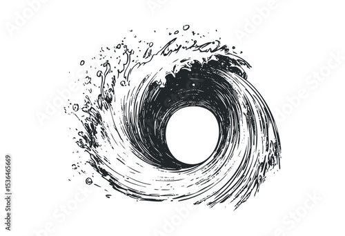 Dynamic wave illustration with circular motion in detailed line art. Vector retro hand drawn illustration