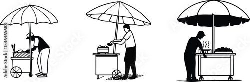 Street Vendor Cooking Silhouette Vector, Food Cart with Umbrella Clipart.