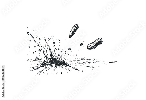 Hand-drawn ink splash with debris and chaotic elements. Vector retro hand drawn illustration
